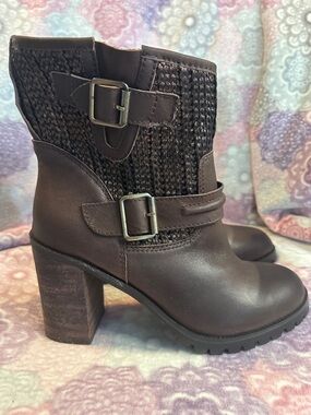 Chinese Laundry Dark Brown Knit & Leather Block Heel Ankle Boots